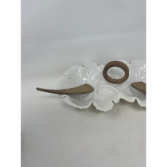 U.S.A Pottery MCM Leaf Shape Relish Serving Dish Wood Handle & Spoons Vintage - Picture 3 of 10
